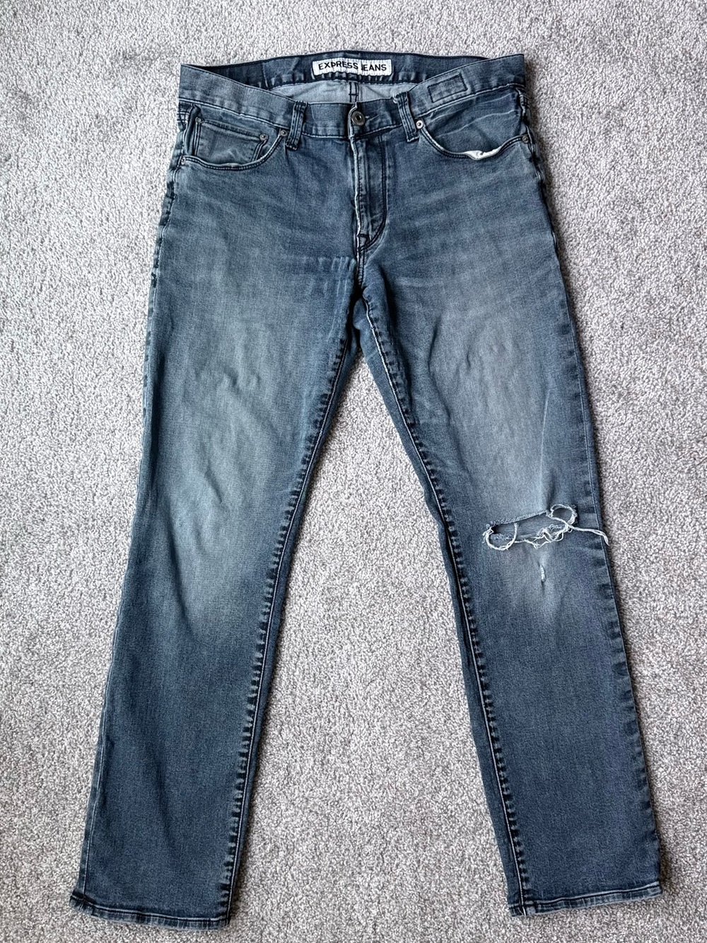 Express Slim Jeans in Washed Blue with Knee Distress